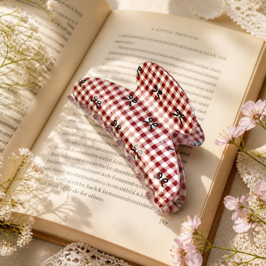 Retro Gingham Bow Claw Clip