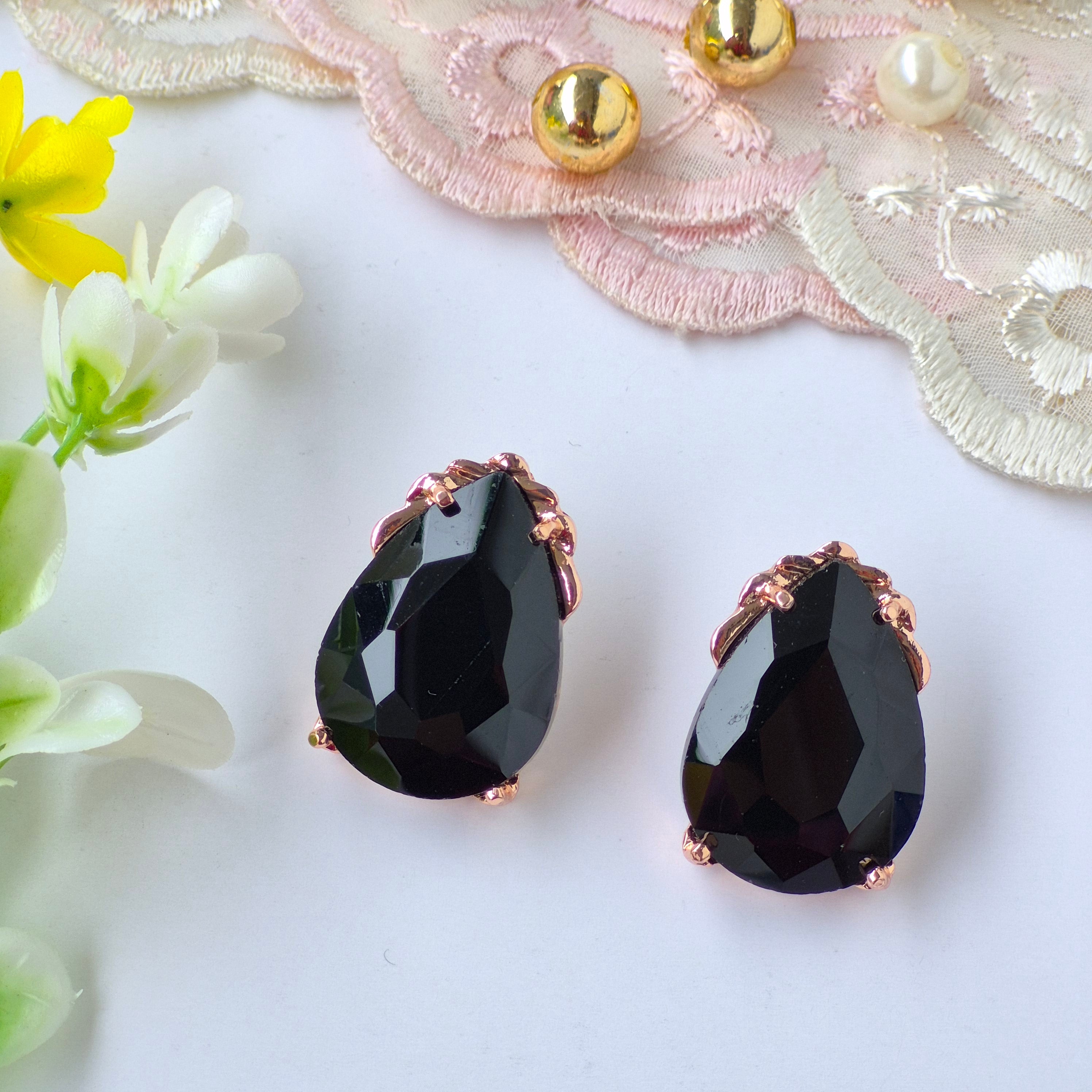 Jet Black Cinderella Teardrop Stud Earrings