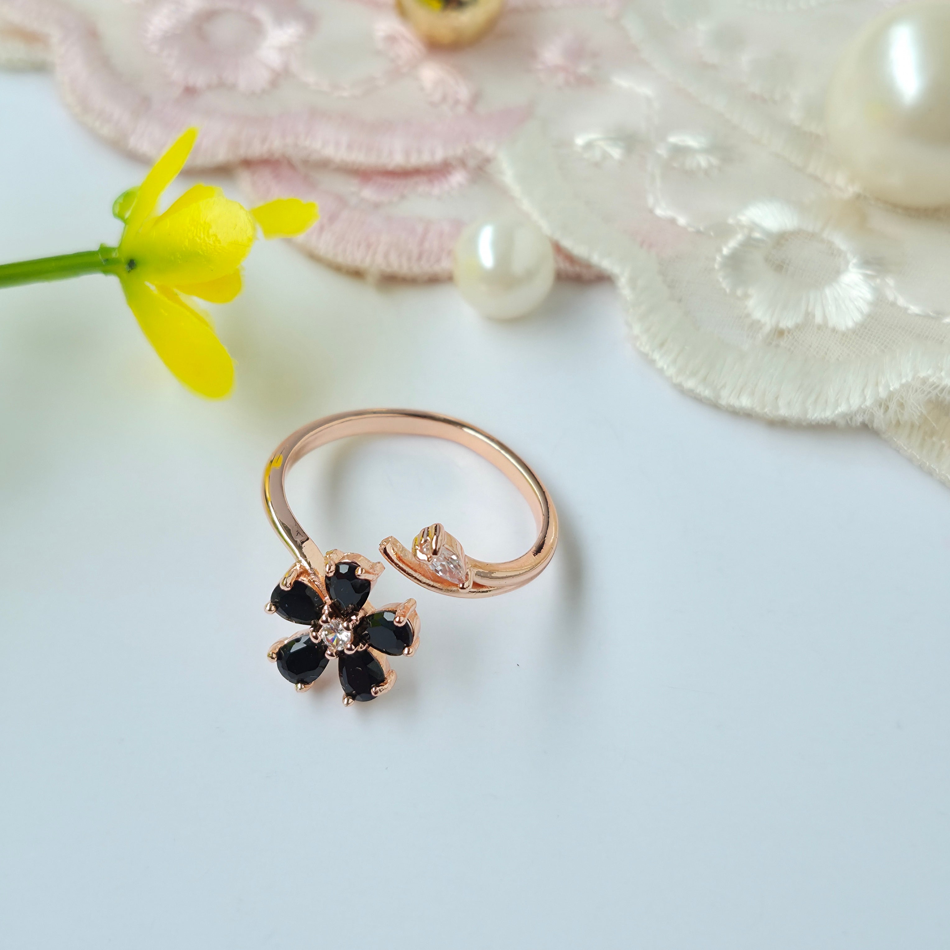 Midnight Black Bloom Adjustable rings