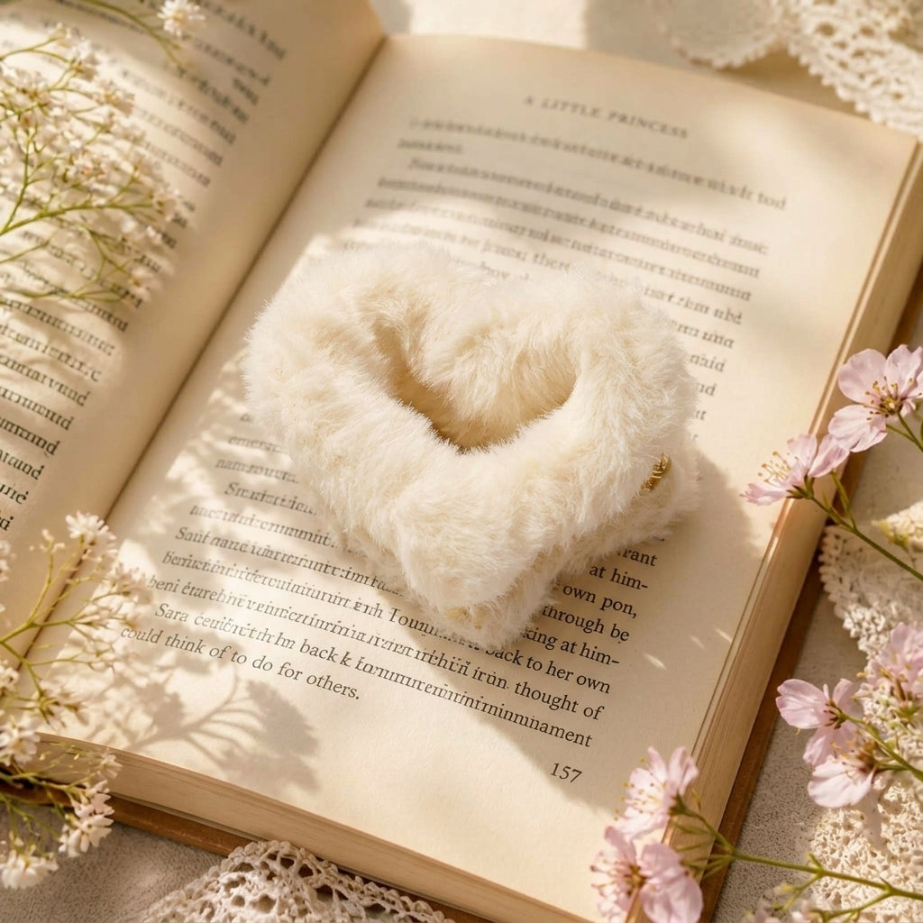 Cream Milk Furry Heart Claw Clip