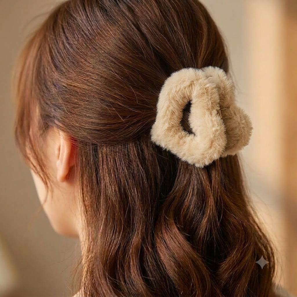 Warm Beige Furry Heart Claw Clip