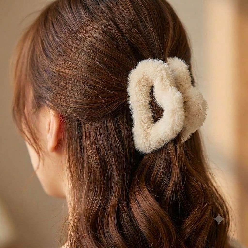Cream Milk Furry Heart Claw Clip