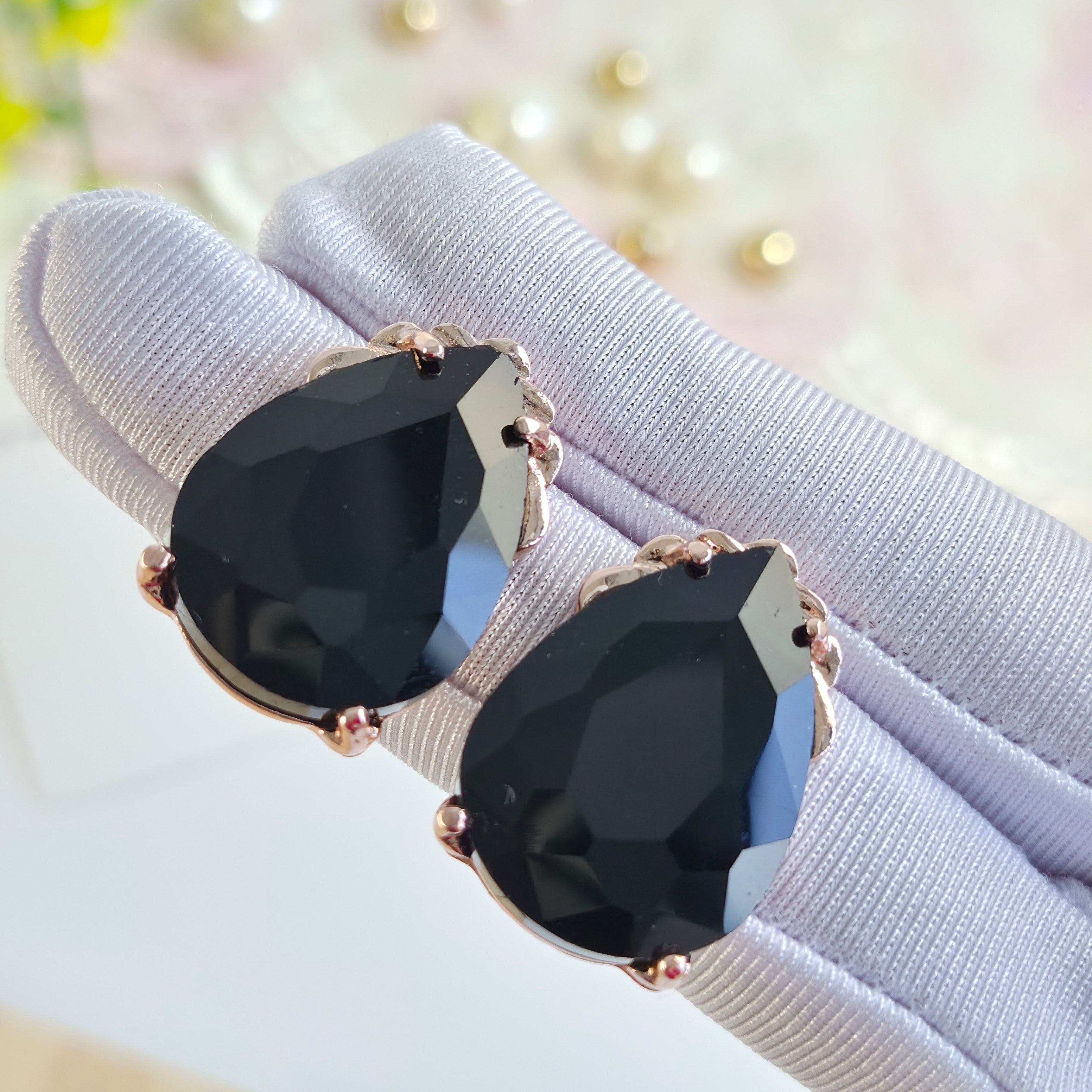 Jet Black Cinderella Teardrop Stud Earrings
