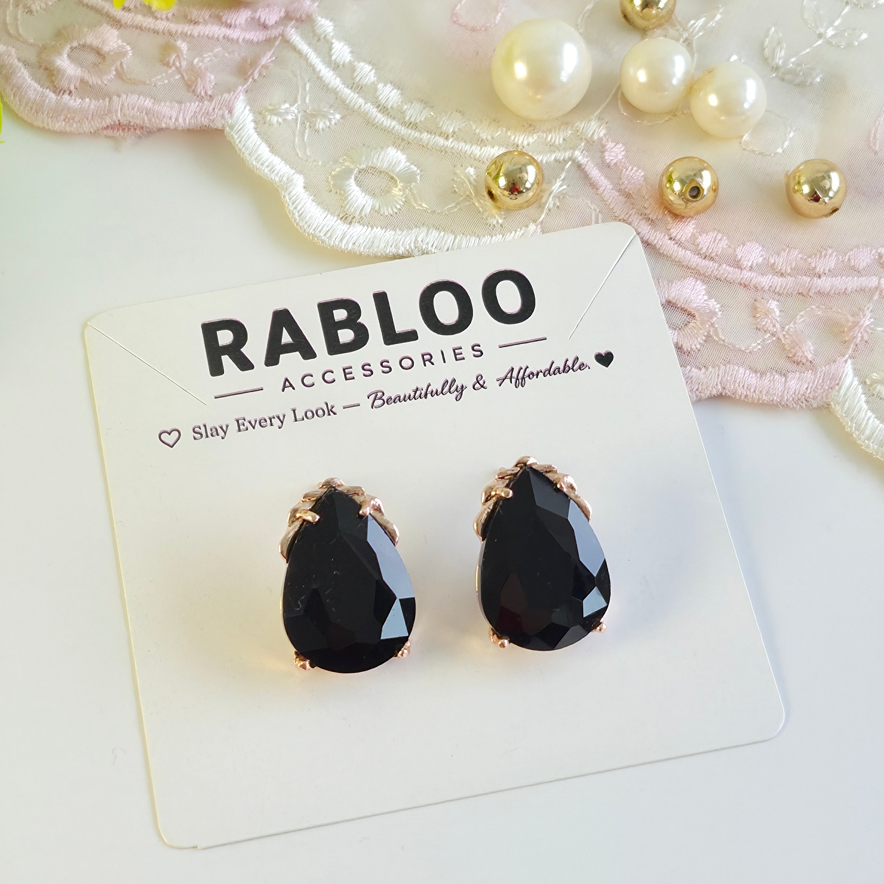 Jet Black Cinderella Teardrop Stud Earrings