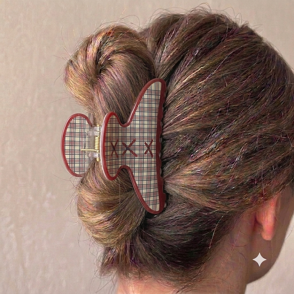 Retro  Stitched Plaid Claw Clip