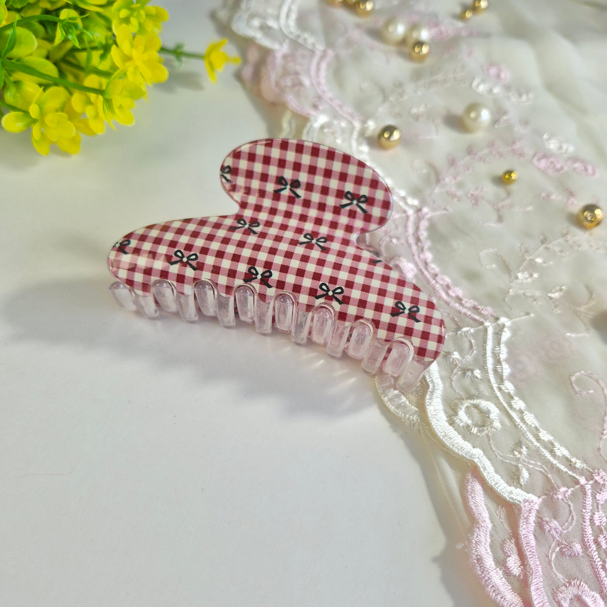 Retro Gingham Bow Claw Clip