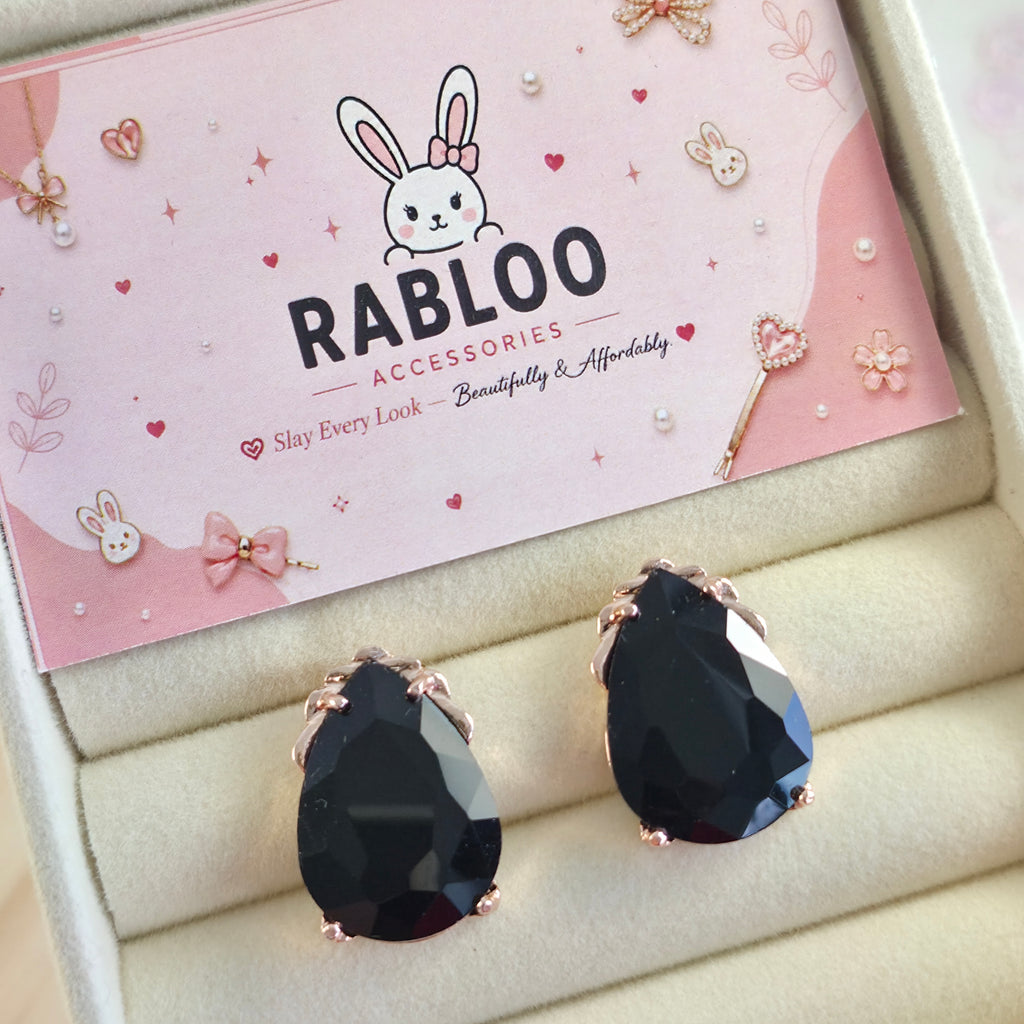 Jet Black Cinderella Teardrop Stud Earrings