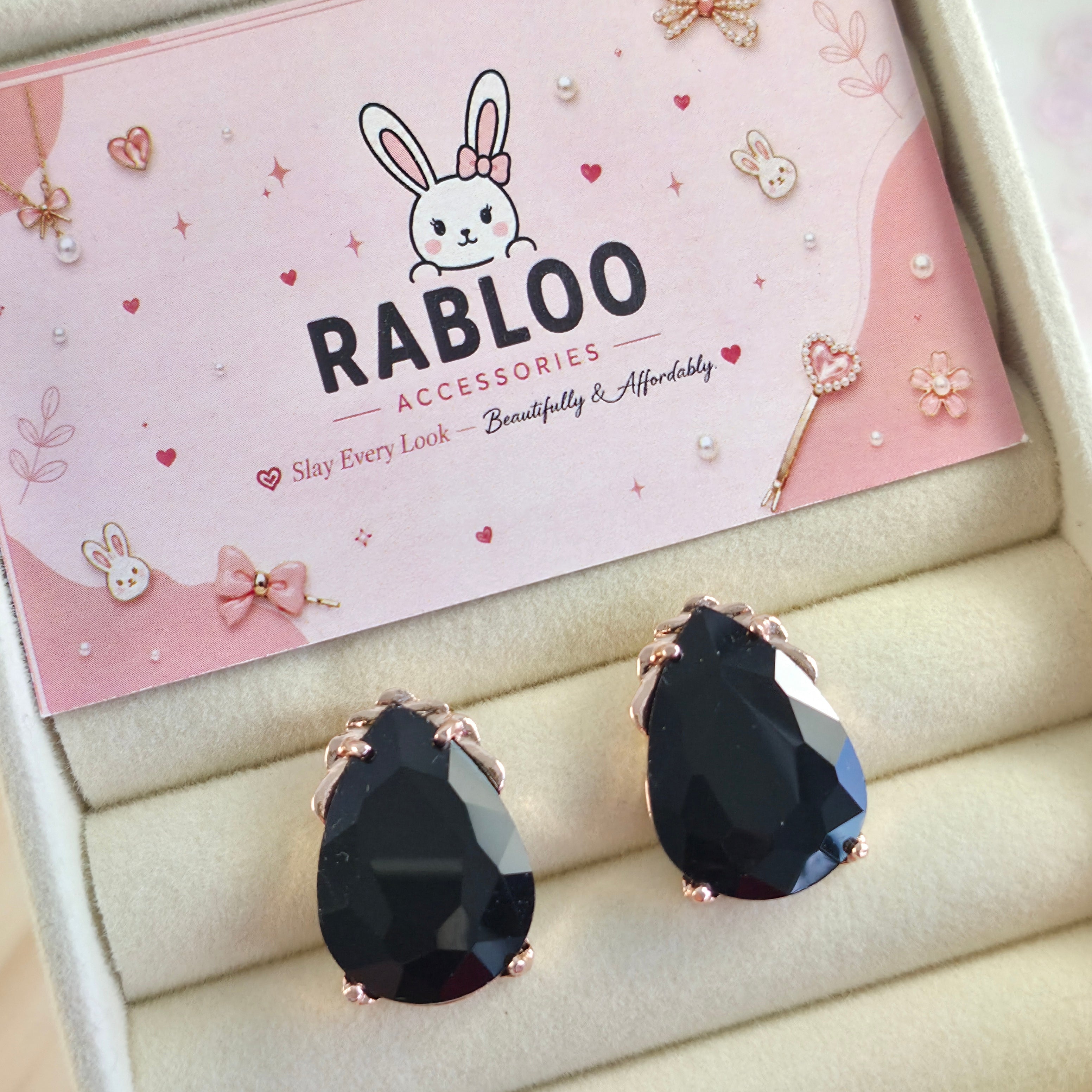 Jet Black Cinderella Teardrop Stud Earrings
