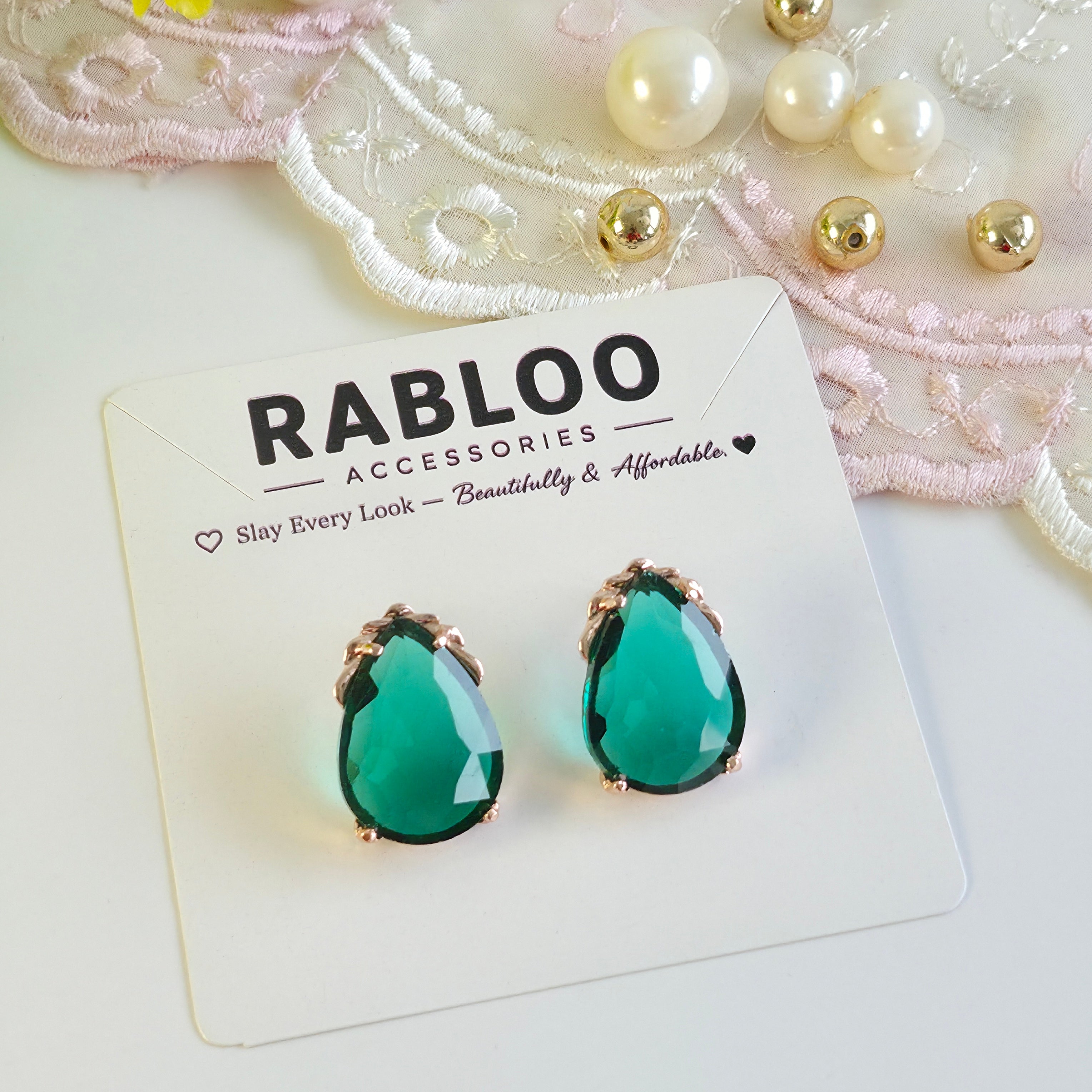 Emerald Green Cinderella Teardrop Stud Earrings