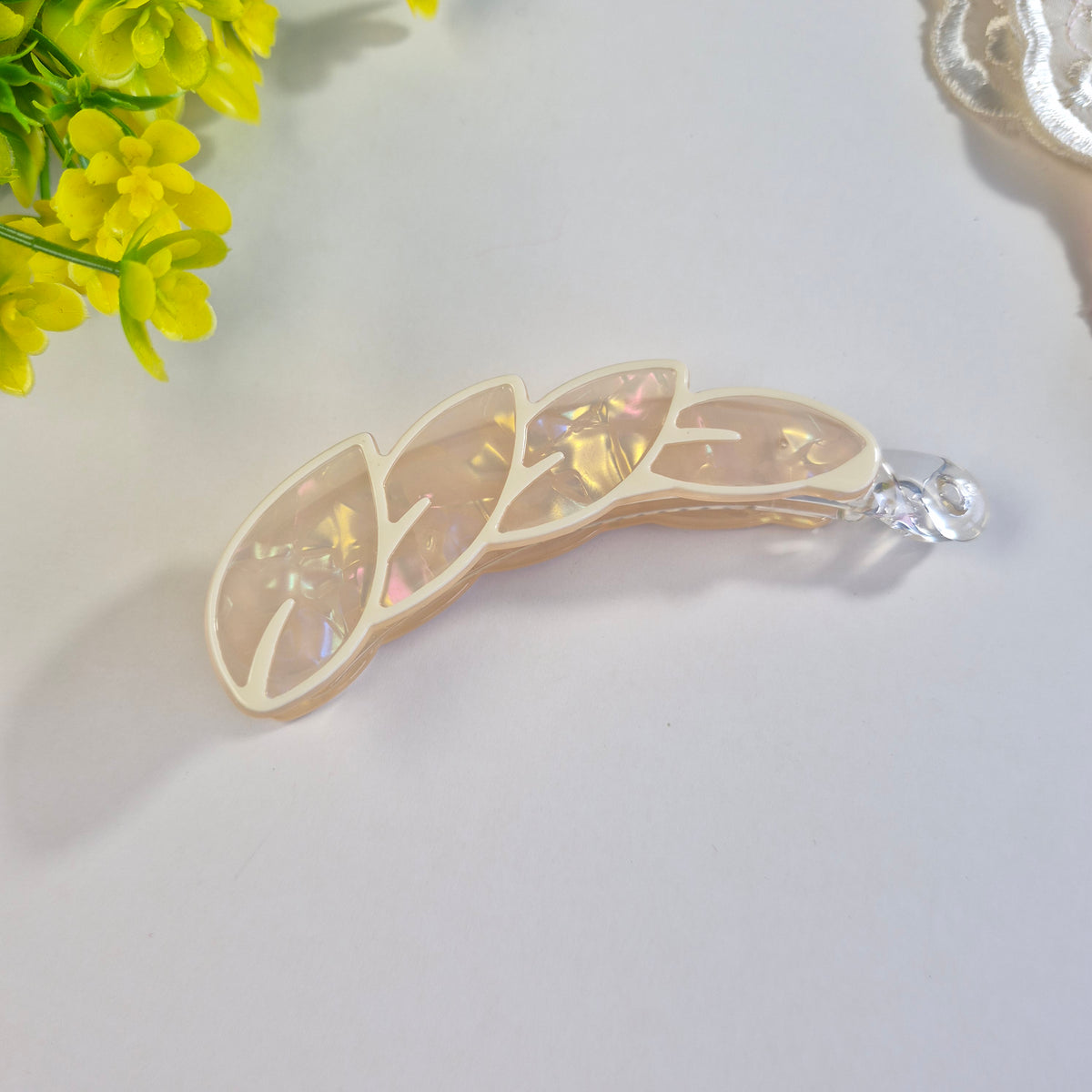 Opal Cream Iridescent Leaf banana Clip