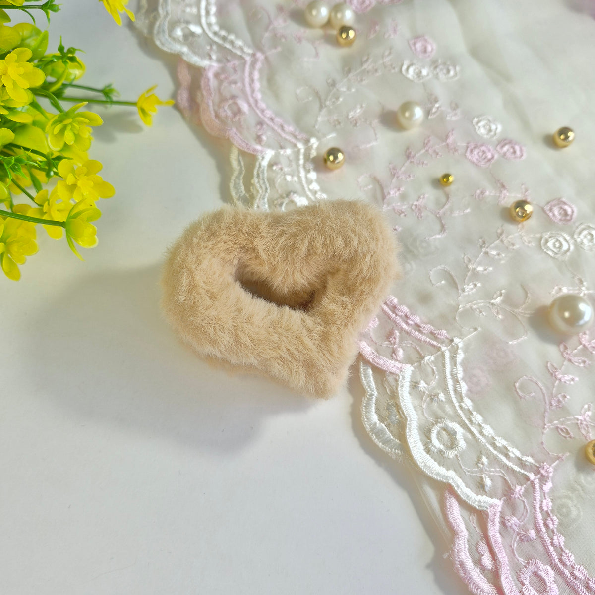 Warm Beige Furry Heart Claw Clip