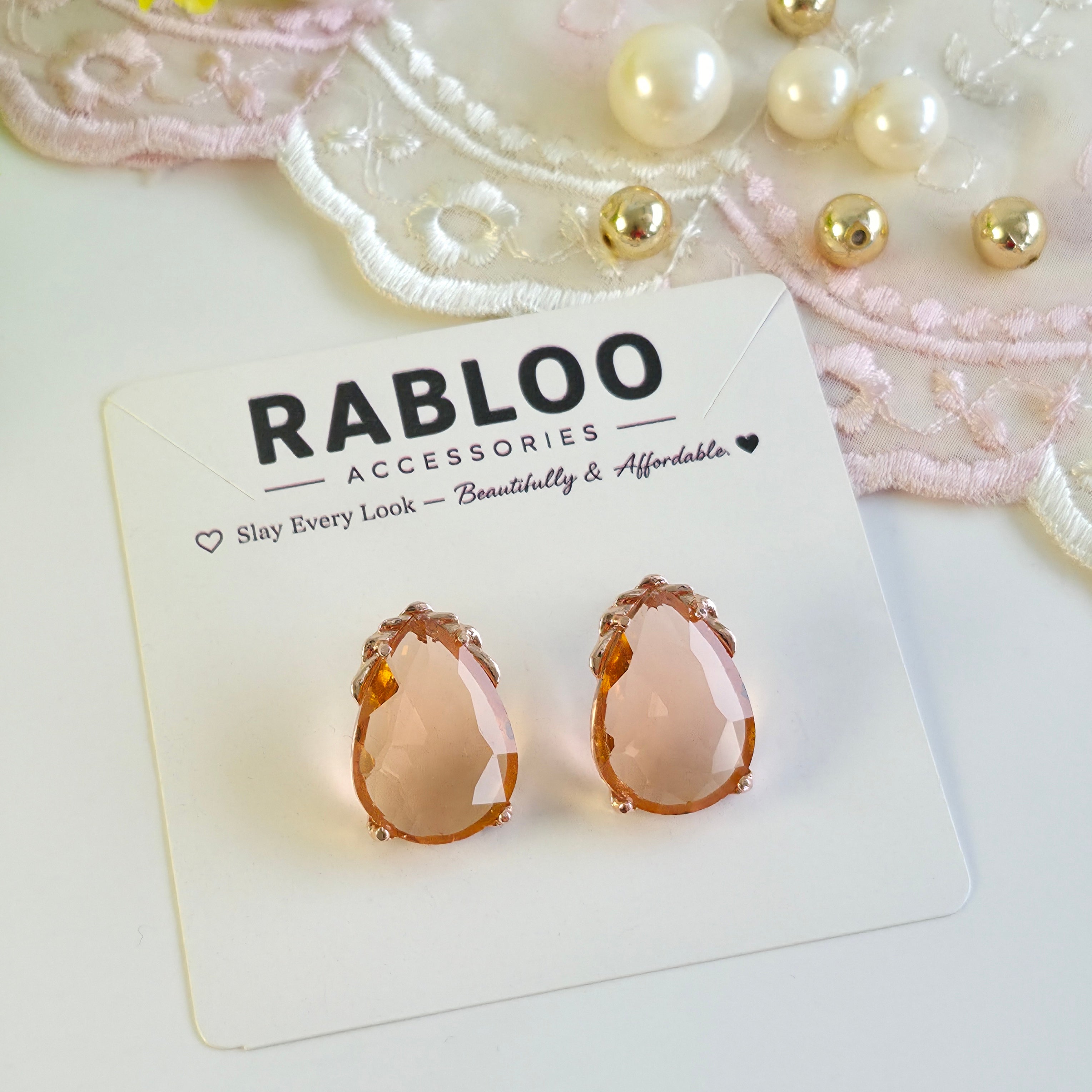 Peach Cinderella Teardrop Stud Earrings