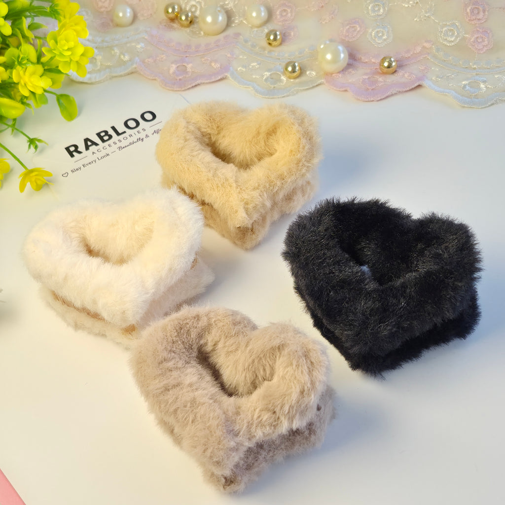 Warm Beige Furry Heart Claw Clip
