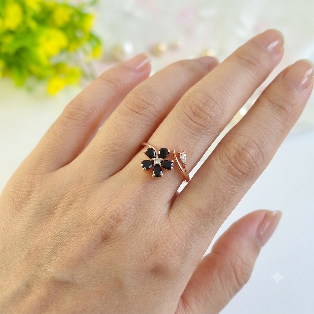 Midnight Black Bloom Adjustable rings
